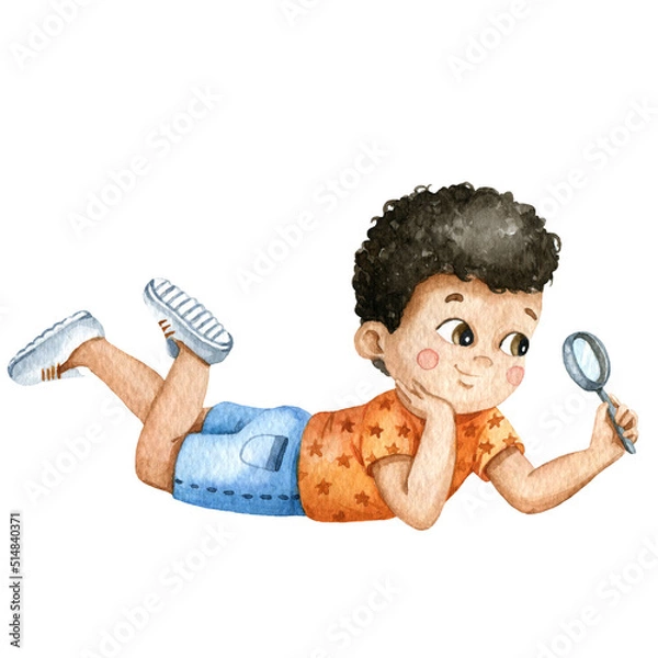 Obraz Watercolor boy, primary school boy, boy exploring