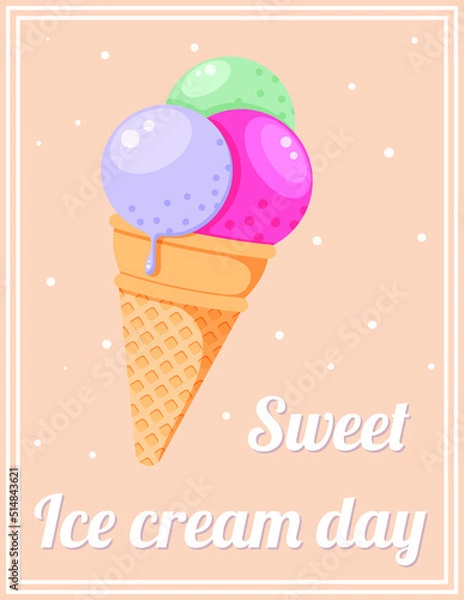 Fototapeta Ice cream day vintage postcard. Sweet pastel retro card with fruit ice cream waffle cone, frame and greeting text. Cool tasty concept. Frozen dessert food art. Isolated flat vector illustration