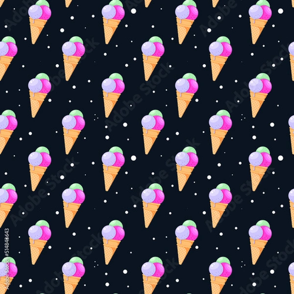Fototapeta Ice cream seamless pattern. Sweet waffle cones isolated on dark background. Frozen dessert art. Tasty flat vector illustration for fabric, wrapping paper, wallpaper, food packaging, menu design 