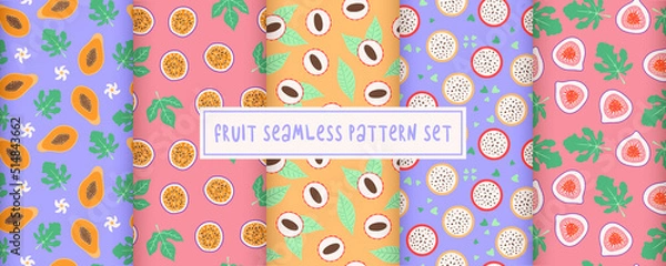 Fototapeta Seamless fruit pattern set. Papaya, maracuja, lychee, dragon fruit pitaya, fig. Hand drawn doodle collection. Exotic plant vector. Pastel tropic fabric print, wallpaper, wrapping paper, package, menu