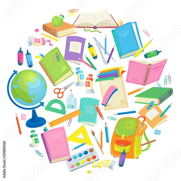 Fototapeta Set of school and office supplies arranged in a circle. Items for children's education. In cartoon style. Isolated on white background. Vector flat illustration