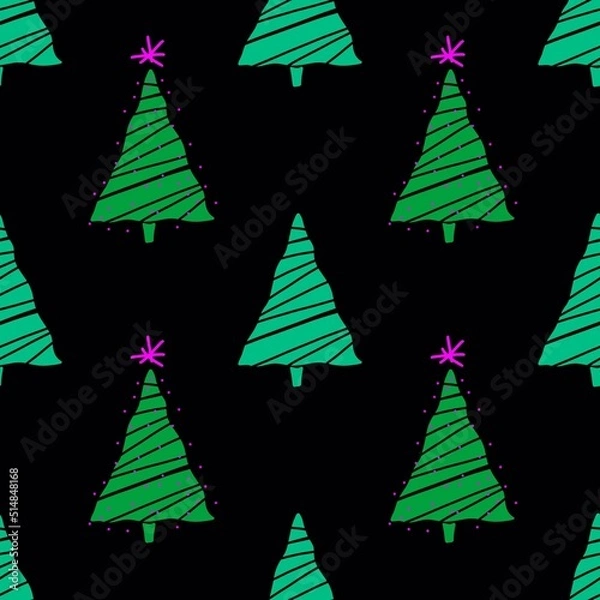 Obraz Christmas endless pattern. Green Christmas trees on a black background.