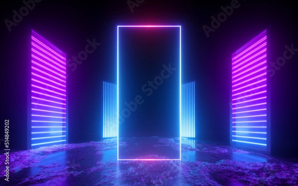 Fototapeta 3d render, pink blue neon abstract background with vertical ...