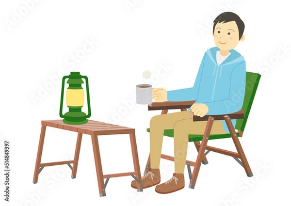 Fototapeta キャンプイラスト_ソロキャンプ_机
