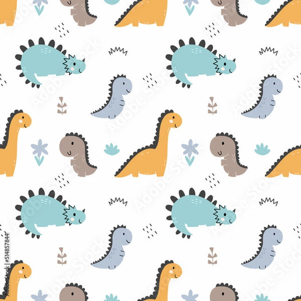Fototapeta Cute seamless dino pattern. Endless wallpaper in nursery. Printing on fabric and wrapping paper. Illustration for baby.