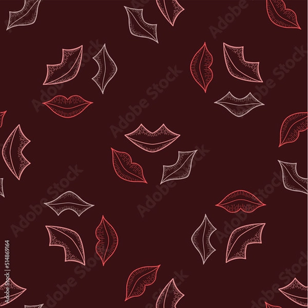 Fototapeta Bright pattern with red and pink lips on burgundy background for the design of textiles, bed linen, wrapping paper, cosmetic design.
