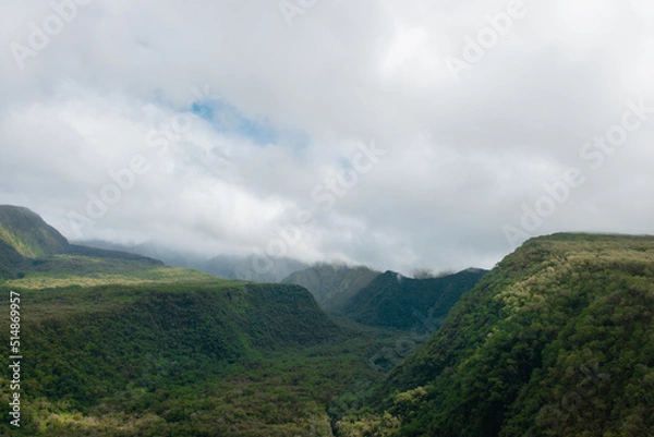 Fototapeta An aerial view of canyons and hills in the Hana Rainforest on the island of Maui, Hawaii.