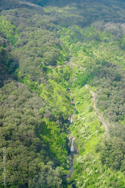 Fototapeta An aerial view of a waterfall in the Hana Rainforest on the island of Maui, Hawaii.