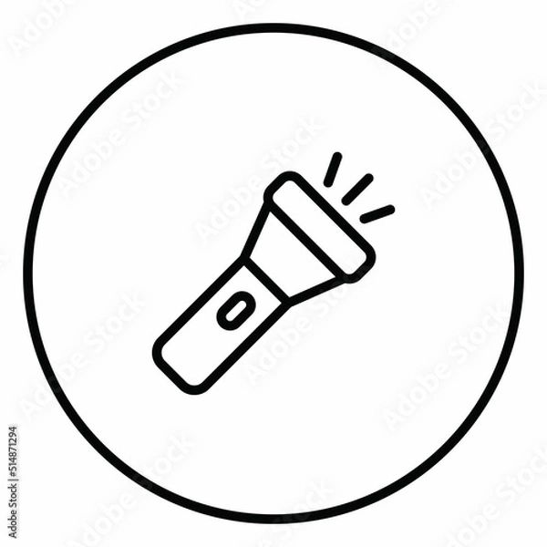 Fototapeta Flashlight, lamp, light, line icon outline in circle, flashlight sign.