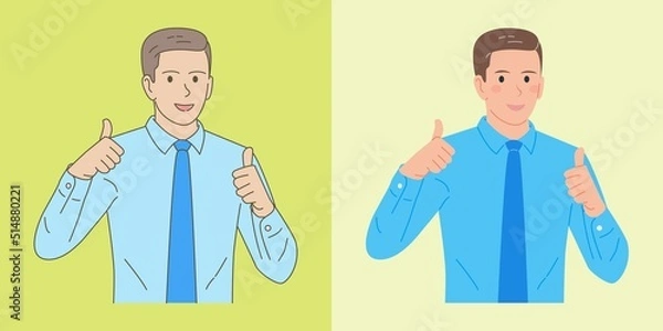 Fototapeta young businessman with two thumbs up hand gesture, with flat and outline style illustrations