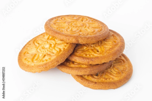 Fototapeta Cookies on white background. Danish butter cookie isolated on white background. homemade chips  cookies, top view, copy space for text.