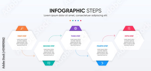Fototapeta Hexagon 5 steps infographic design with arrow line. Modern and colorful infographic presentation.