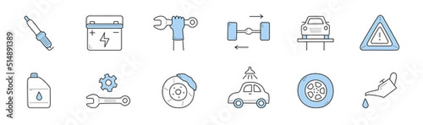Fototapeta Car service doodle icons, vector signs spark plug, accumulator, hand with wrench and wheels. Auto on elevator, warning sign, fuel station, lubricator with oil and gears. Line art vector illustrations