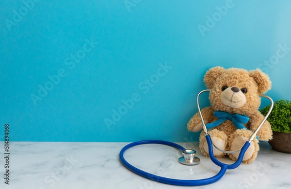 Fototapeta Children doctor concept - Teddy Bear with stethoscope. copy space