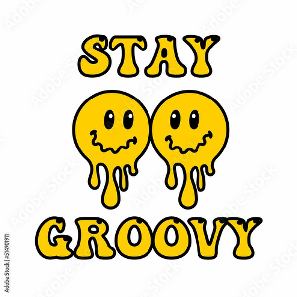 Fototapeta Melting smile lettering vintage illustration. Retro psychedelic melt smile face logo. Dripping smile print with text. Good mood. Positive emoji sticker. Vector groovy emoji face. Face symbol.