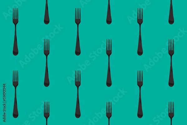 Fototapeta pattern. Fork top view on pastel green blue background. Template for applying to surface. Horizontal image. Flat lay. 3D image. 3D rendering.