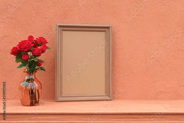 Fototapeta Picture frame mock up on terra cotta shelf. 3d rendered illustration.