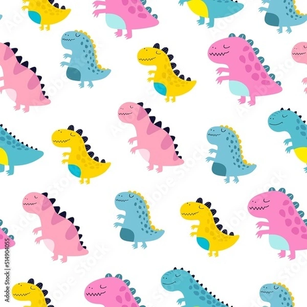 Fototapeta seamless pattern with cartoon dinosaurs. Colorful vector flat style for kids. Animals. hand drawing. baby design for fabric, print, wrapper, textile