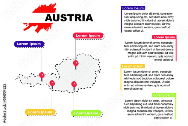 Fototapeta Austria travel location infographic, tourism and vacation concept, popular places of Austria, country graphic vector template, designed map idea, sightseeing destinations