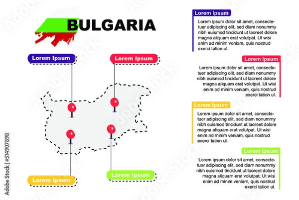 Fototapeta Bulgaria travel location infographic, tourism and vacation concept, popular places of Bulgaria, country graphic vector template, designed map idea, sightseeing destinations
