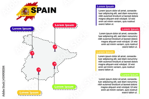 Fototapeta Spain travel location infographic, tourism and vacation concept, popular places of Spain, country graphic vector template, designed map idea, sightseeing destinations