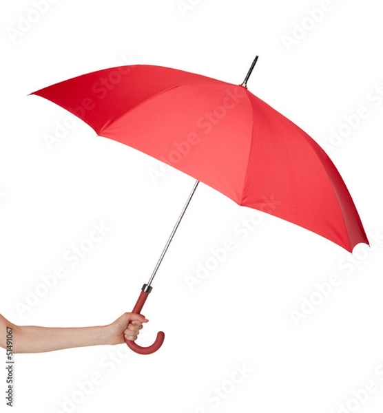 Fototapeta Close up of opened red umbrella in hand, isolated on white