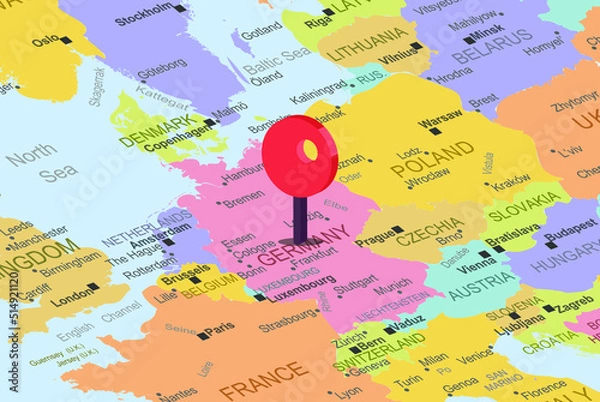 Fototapeta Germany with red location placeholder on europe map, close up Germany, colorful map with location icon, travel idea, vacation concept