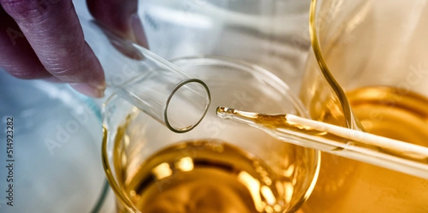 Fototapeta Oil dropping, Chemical reagent mixing, Laboratory and science experiments, Formulating the chemical for medical research, Quality control of petroleum industry products concept.