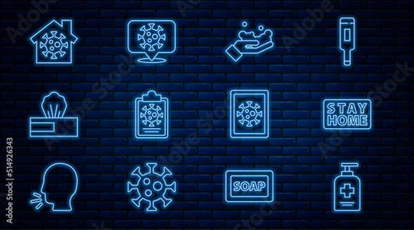 Fototapeta Set line Liquid antibacterial soap, Stay home, Washing hands with, Clipboard blood test results, Wet wipe pack, Virus statistics on monitor and Corona virus location icon. Vector