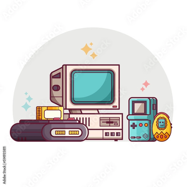 Fototapeta Retro Tech Devices Scene in Line Art