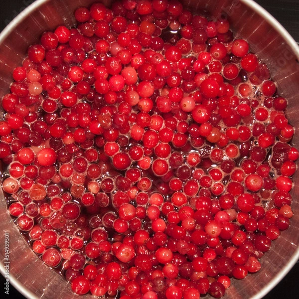 Obraz Organic cranberries cooked in saucepan, Fresh juice of berries boiling in a pot, Closeup
