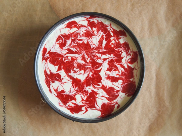 Obraz Raspberry cheesecake, top view, flatlay, food photography