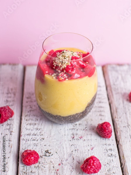 Obraz Healthy cold summer exotic smoothie with fruits and raspberries