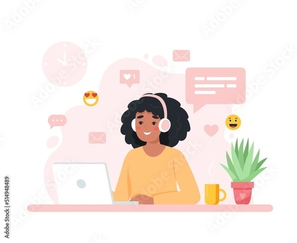 Fototapeta Black woman working with computer, home office, student or freelancer. Customer service, call center and support. Cute concept vector illustration in flat style