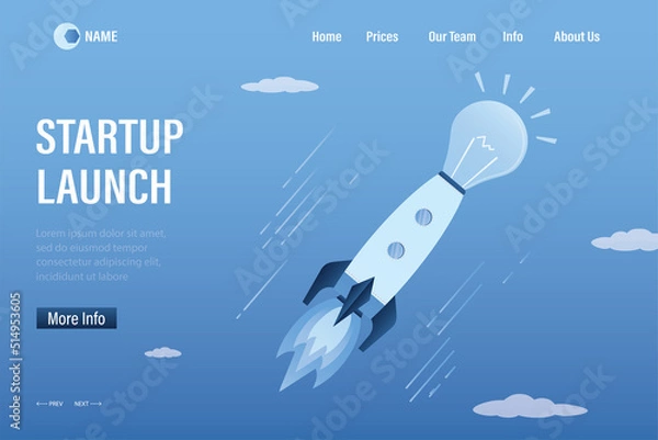 Fototapeta Startup with new business idea start in space. Rocket with light bulb takeoff. Business project development. Successful start-up launch, landing page template. Innovation technology.