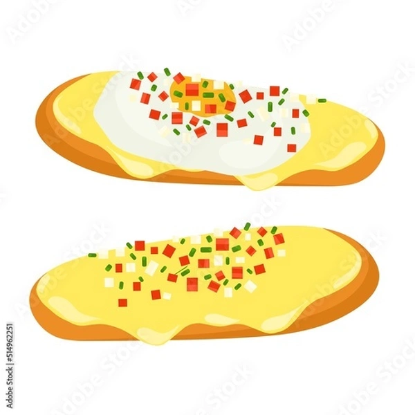 Fototapeta Mollette's Mexican Food. Bollilo with raw tomatoes, onions, jalapeo peppers and melted cheese. Two variants with fried egg on top. Vector illustration.