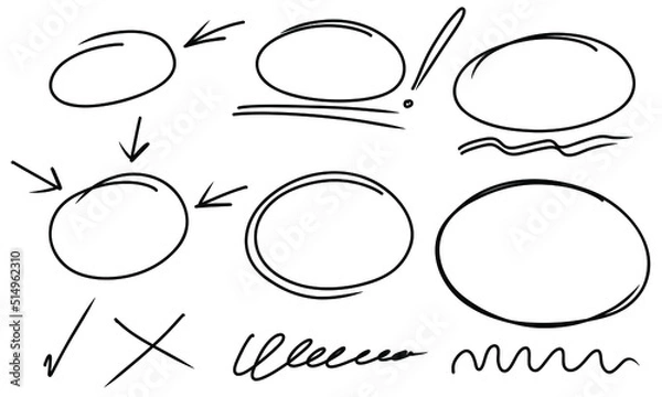 Fototapeta Highlight oval frames, marker arrows, underlines lines. Hand drawn scribble doodle circle set. Ovals and ellipses line template. Stock vector illustration isolated on white background.