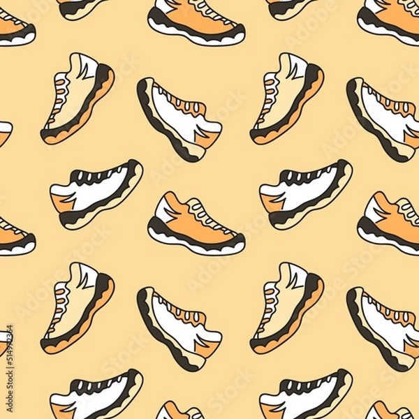 Fototapeta Seamless vector pattern with sneakers on orange background.	