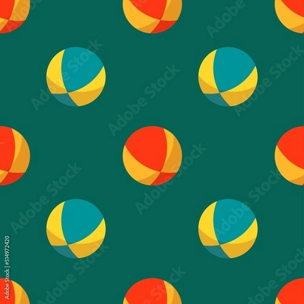 Fototapeta Seamless vector pattern with colorful beach balls on green background. Summer design for fabric and paper, surface textures.