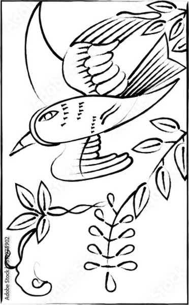 Fototapeta 花札の筆書きイラスト　卯月　藤　不如帰　4月　藤に不如帰