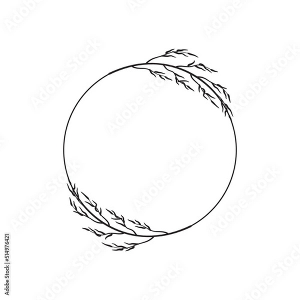 Obraz Minimalistic wreath of two twigs with long leaves. Simple round frame, farmhouse decoration, family logo. Circle, border with black silhouette of tree branches. Vector illustration isolated on white