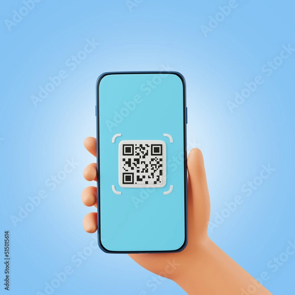 Obraz Cartoon holding smartphone for QR code scanning icon in smartphone, QR code for payment or certification validate concept, on pink background, 3D render illustration