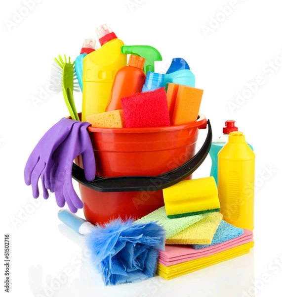 Fototapeta Cleaning items in bucket isolated on white