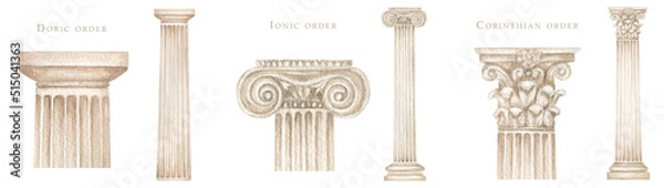Obraz Watercolor antique column corinthian ionic doric order, Ancient Classic Greek pillar set, Roman Columns, Architecture facade elements Realistic drawing illustration isolated on white background
