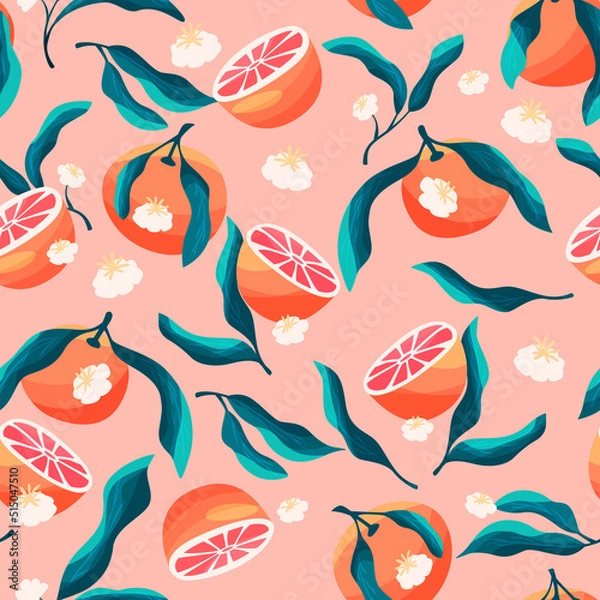 Obraz Seamless pattern with hand drawn oranges and floral elements. Fruit and floral design in bright colors. Colorful vector illustration.