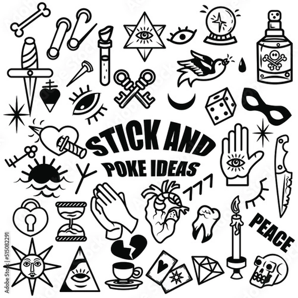 Fototapeta Flat vector illustration of stick and poke ideas. 