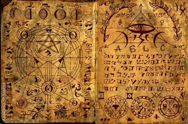Fototapeta Hand drawn Halloween illustration of old page with wicca and mystic symbols from witch magic spell book. Gothic, occult and esoteric background.