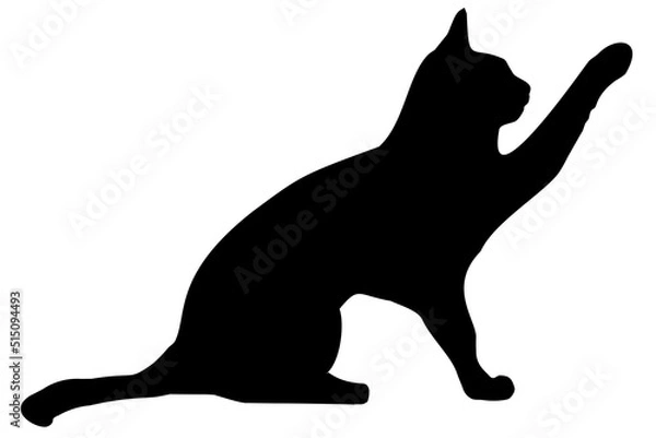 Fototapeta black silhouette of a cat, on a white background, side view