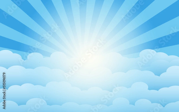 Fototapeta Blue sky and white clouds background. Sun rays. Vector illustration.