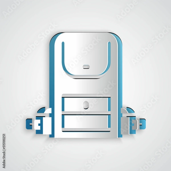 Fototapeta Paper cut Hiking backpack icon isolated on grey background. Camping and mountain exploring backpack. Paper art style. Vector